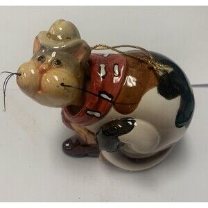 Bobble Head Cat Cowboy Ceramic Christmas Ornament 4”x3”x2”